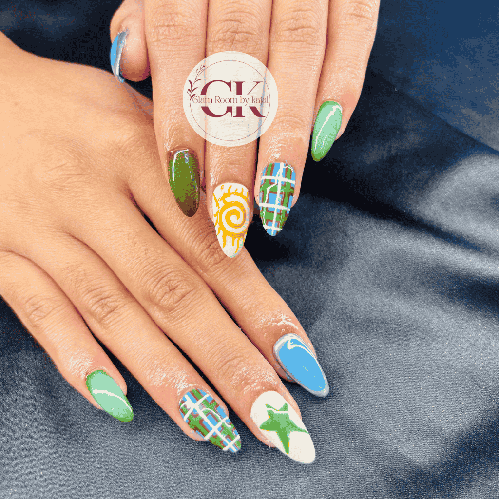 Funky Green & Blue Artistic Press-On Nails - Glam Room By Kajal