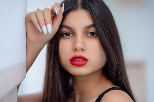 Close up portrait of a young woman with striking red lips and long hair exuding elegance